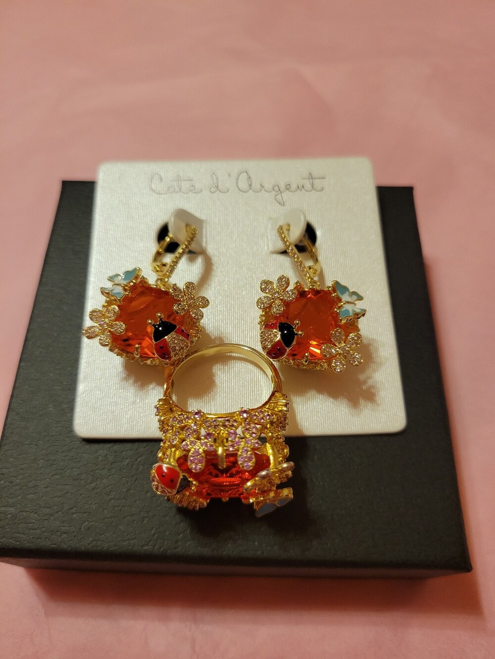Gold-Tone Orange Crystal Floral Earrings and Ring Set